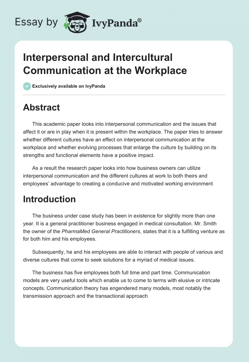 Interpersonal and Intercultural Communication at the Workplace. Page 1