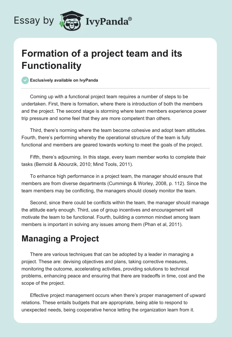 Formation of a project team and its Functionality. Page 1