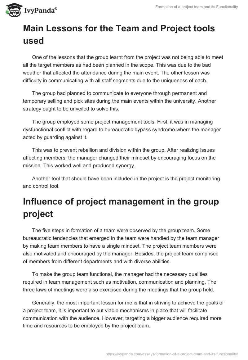 Formation of a project team and its Functionality. Page 3