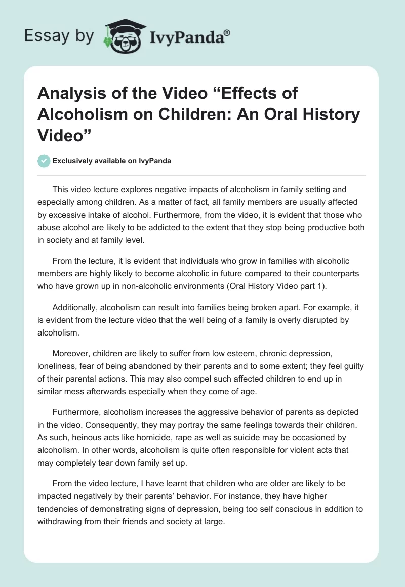 Analysis of the Video “Effects of Alcoholism on Children: An Oral History Video”. Page 1