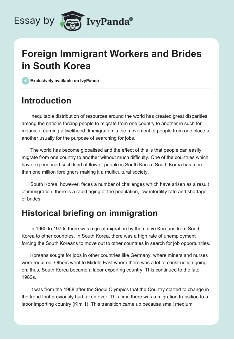Foreign Immigrant Workers and Brides in South Korea. Page 1