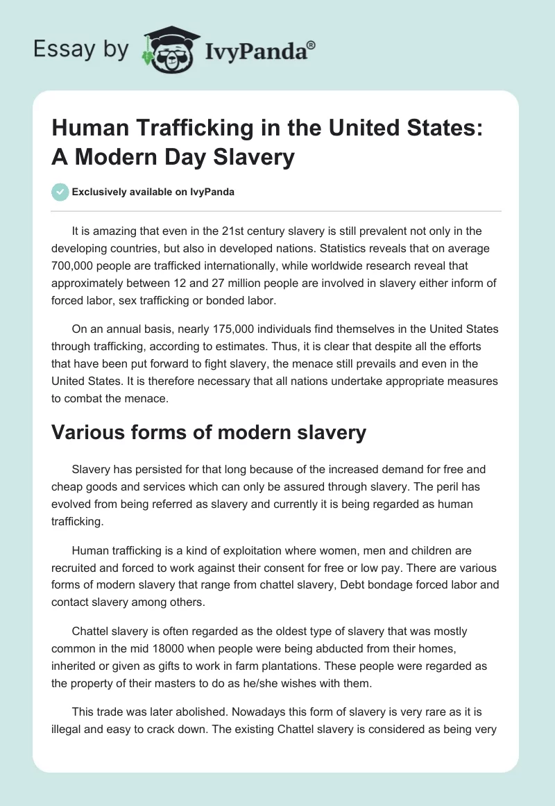 Human Trafficking in the United States: A Modern Day Slavery. Page 1