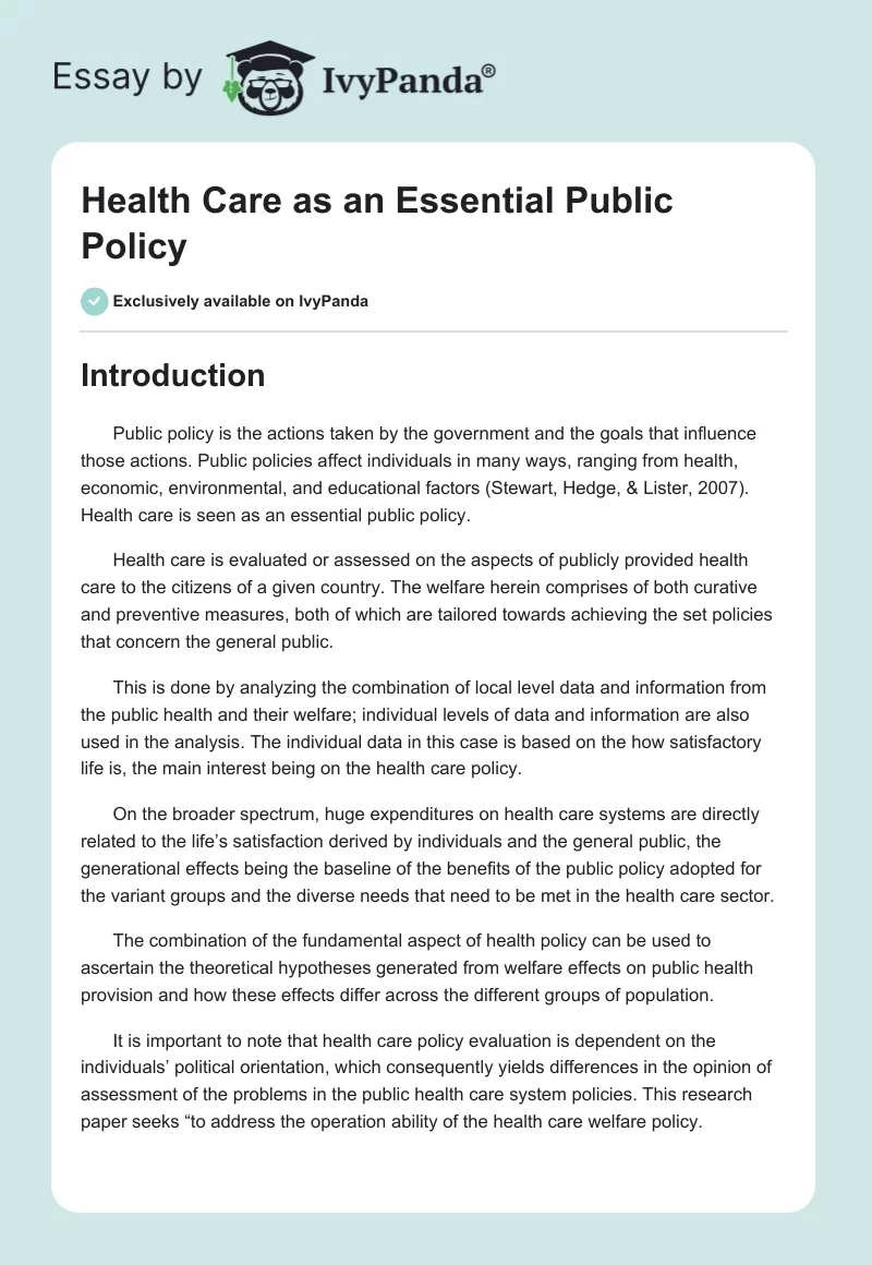 Health Care as an Essential Public Policy. Page 1