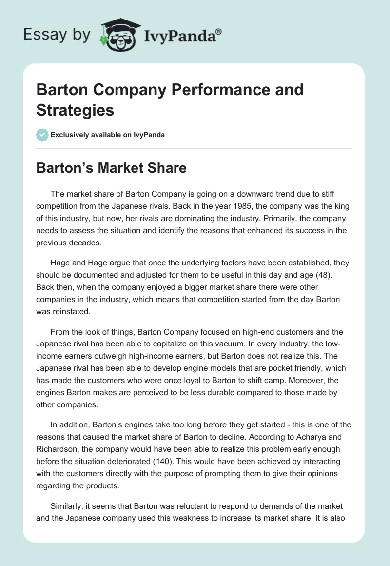 Barton Company Performance and Strategies. Page 1