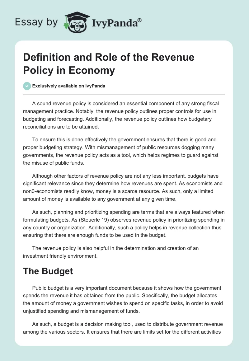 Definition and Role of the Revenue Policy in Economy. Page 1