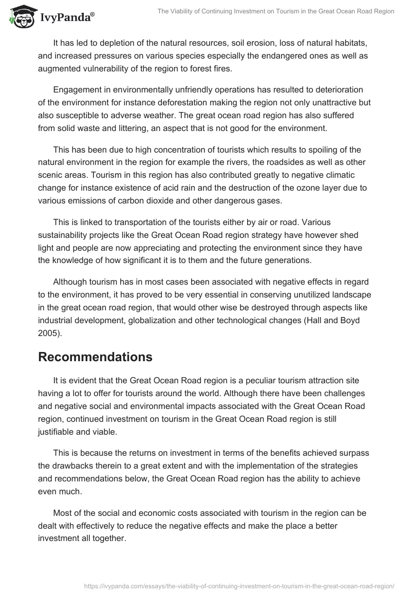 The Viability of Continuing Investment on Tourism in the Great Ocean Road Region. Page 5
