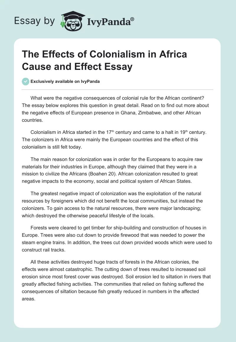 The Effects of Colonialism in Africa Cause and Effect Essay. Page 1