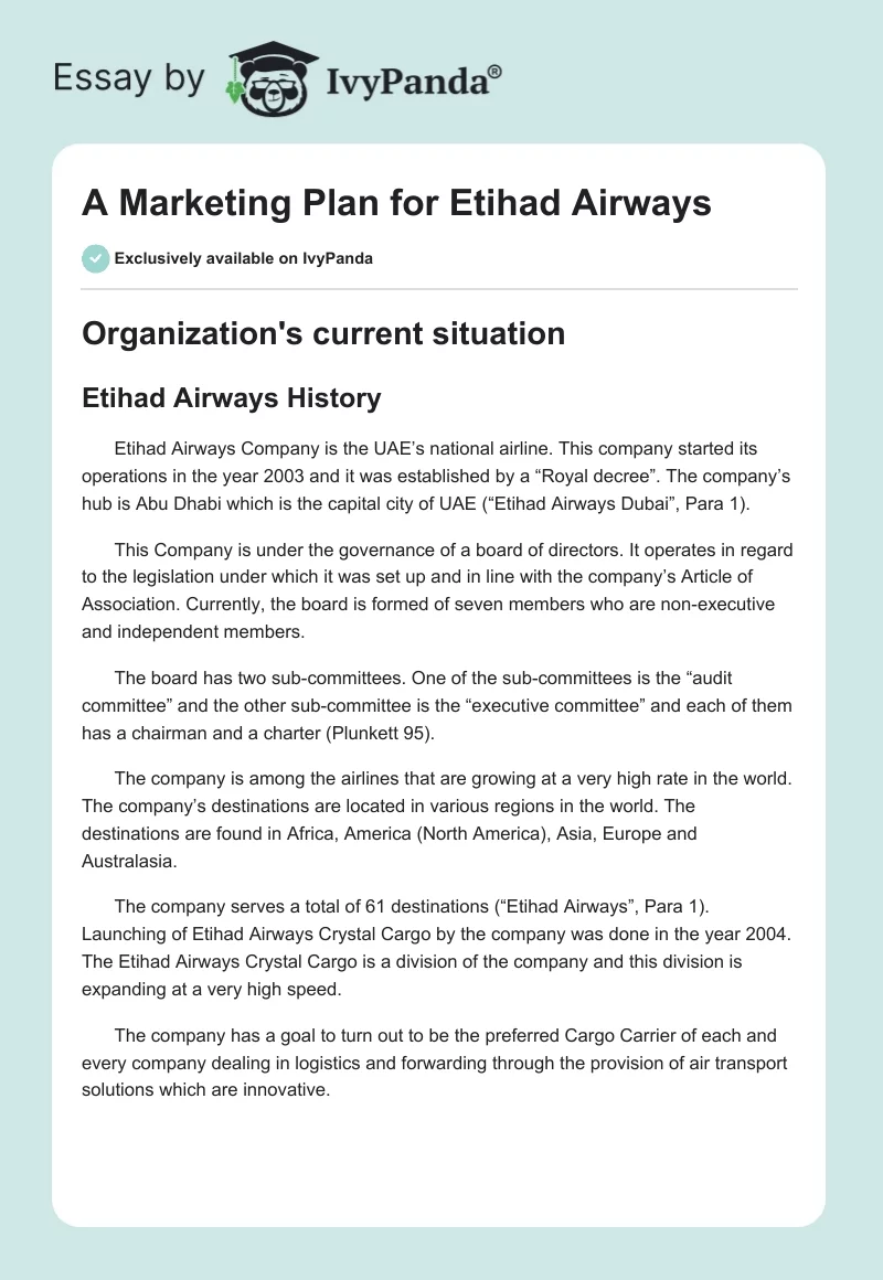 A Marketing Plan for Etihad Airways. Page 1