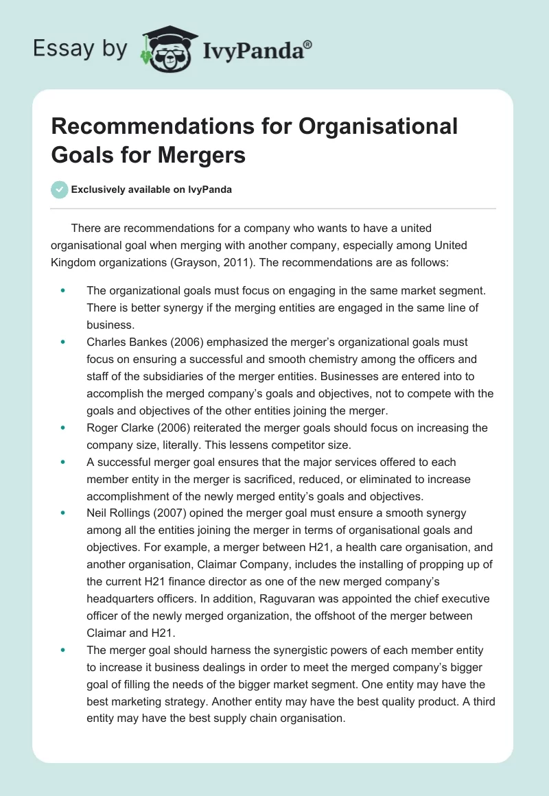Recommendations for Organisational Goals for Mergers. Page 1