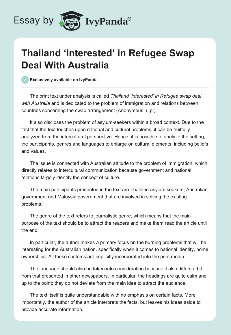 Thailand ‘Interested’ in Refugee Swap Deal With Australia. Page 1