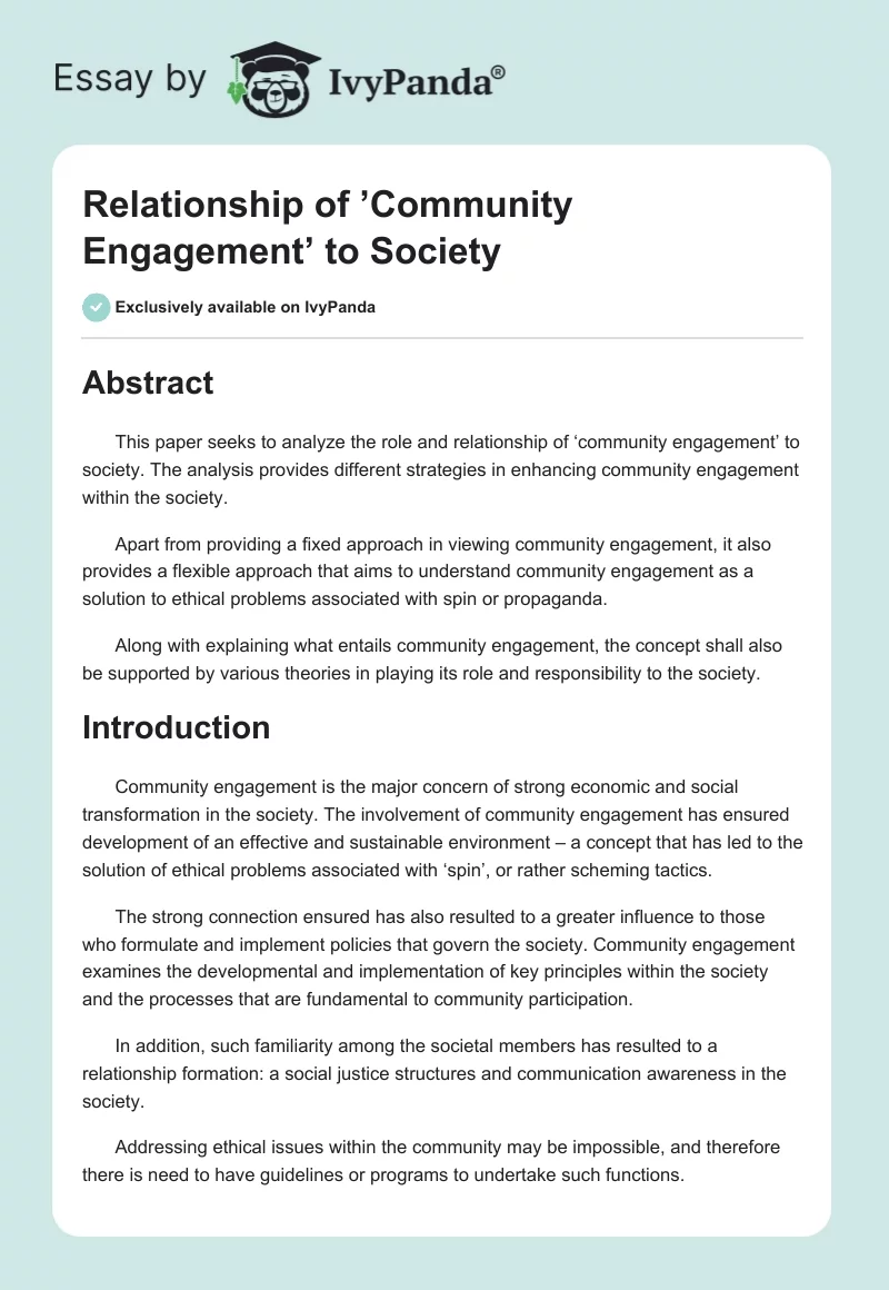 Relationship of ’Community Engagement’ to Society. Page 1
