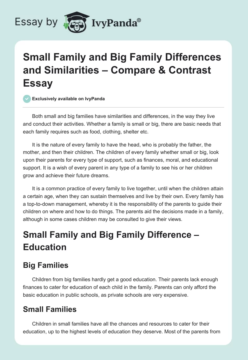 Small Family and Big Family Differences and Similarities – Compare & Contrast Essay. Page 1