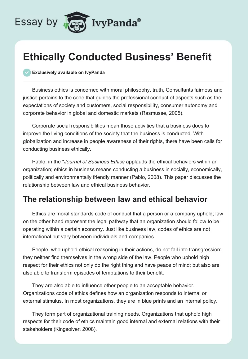 Ethically Conducted Business’ Benefit. Page 1