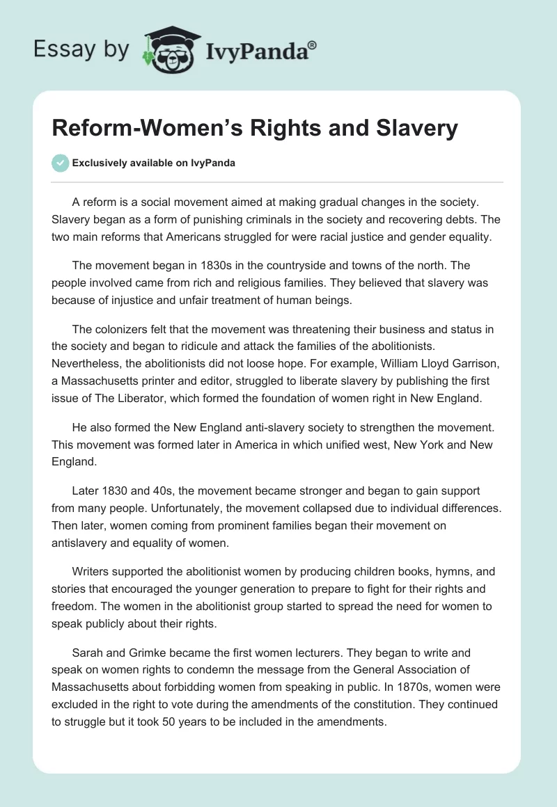 Reform-Women’s Rights and Slavery. Page 1