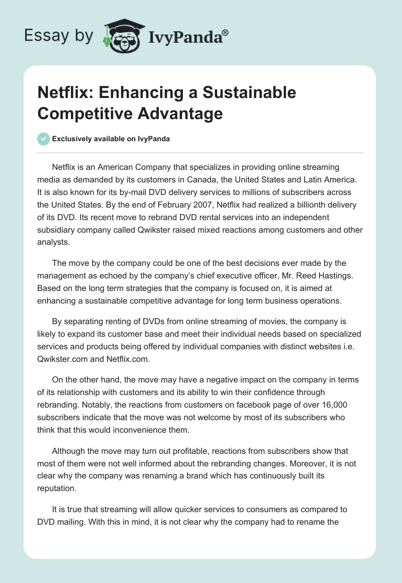 Netflix: Enhancing a Sustainable Competitive Advantage. Page 1