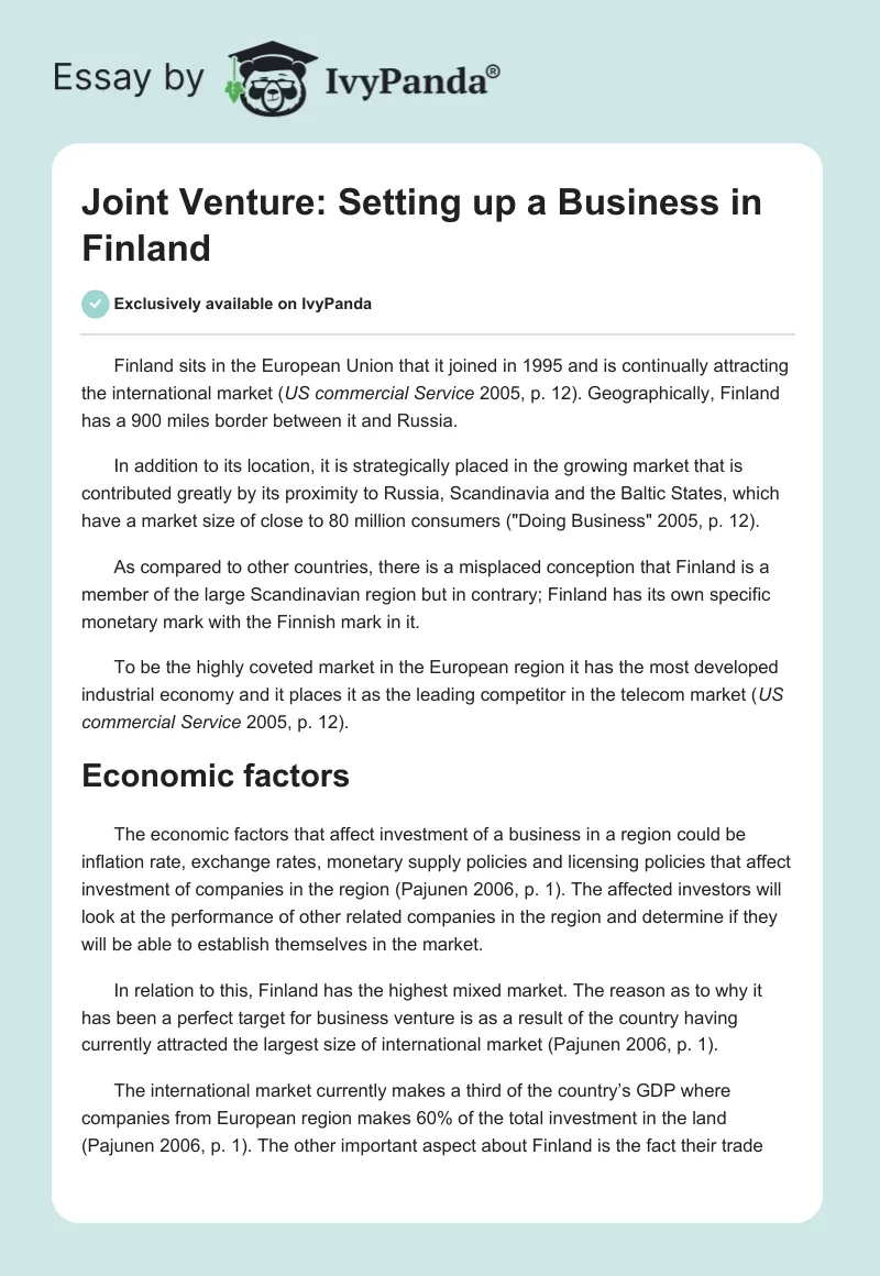 Joint Venture: Setting up a Business in Finland. Page 1