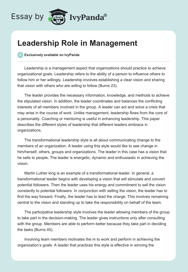 Leadership Role in Management. Page 1