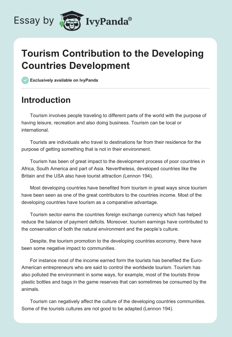 Tourism Contribution to the Developing Countries Development. Page 1