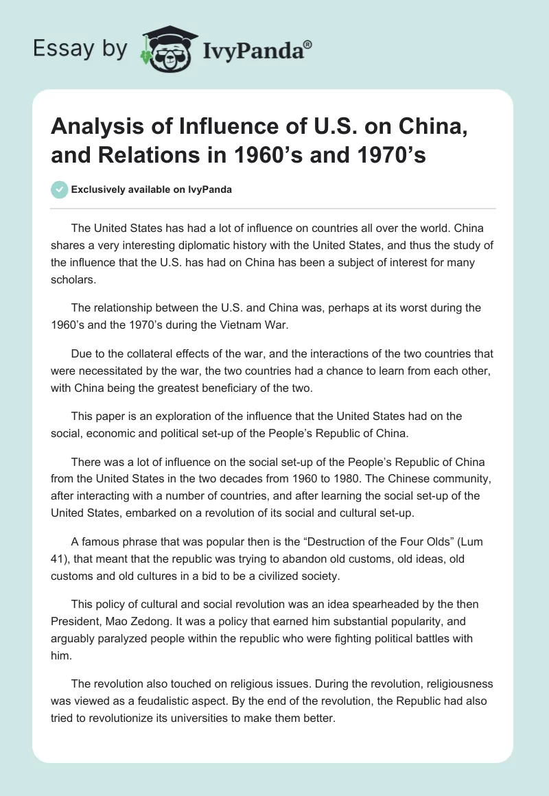 Analysis of Influence of U.S. on China, and Relations in 1960’s and 1970’s. Page 1