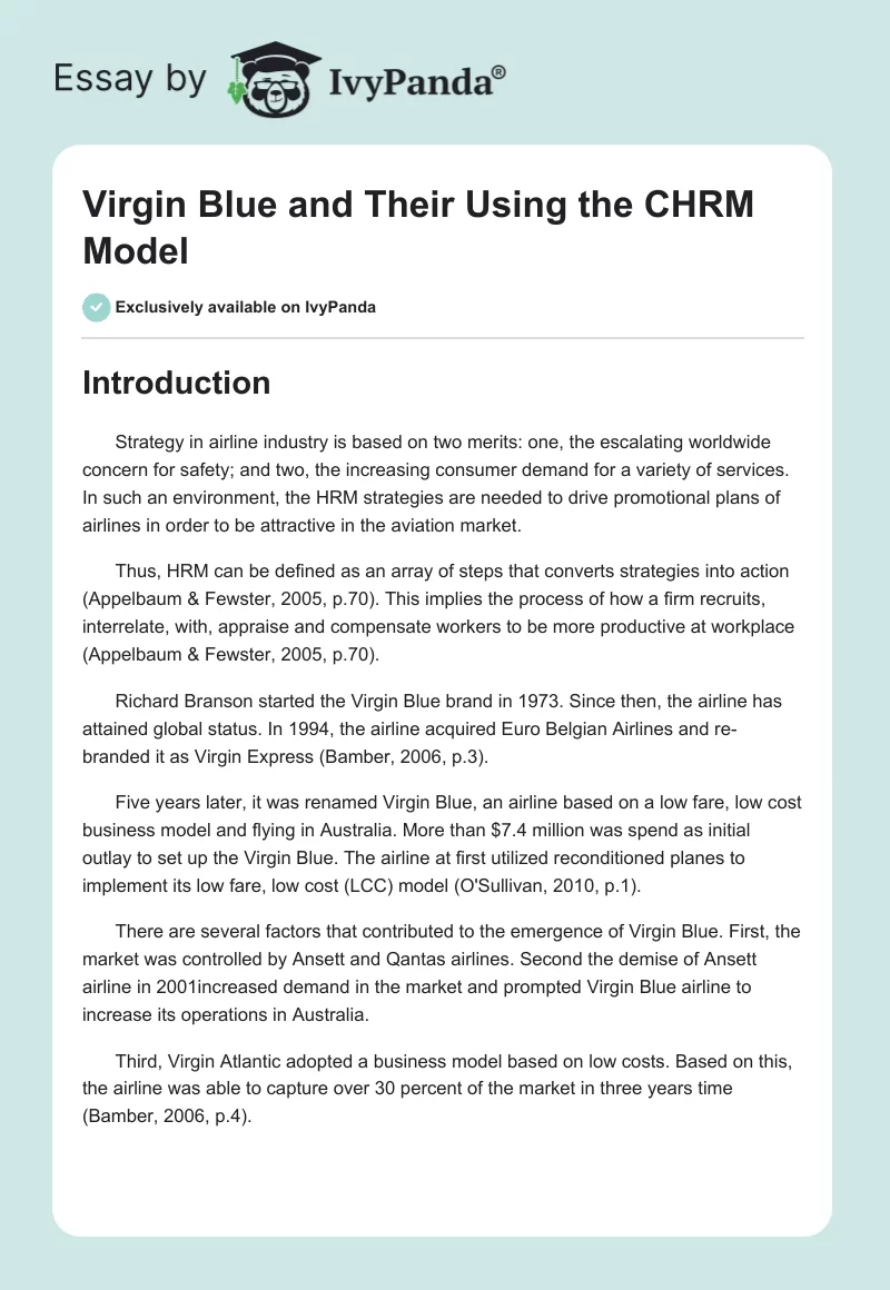 Virgin Blue and Their Using the CHRM Model. Page 1
