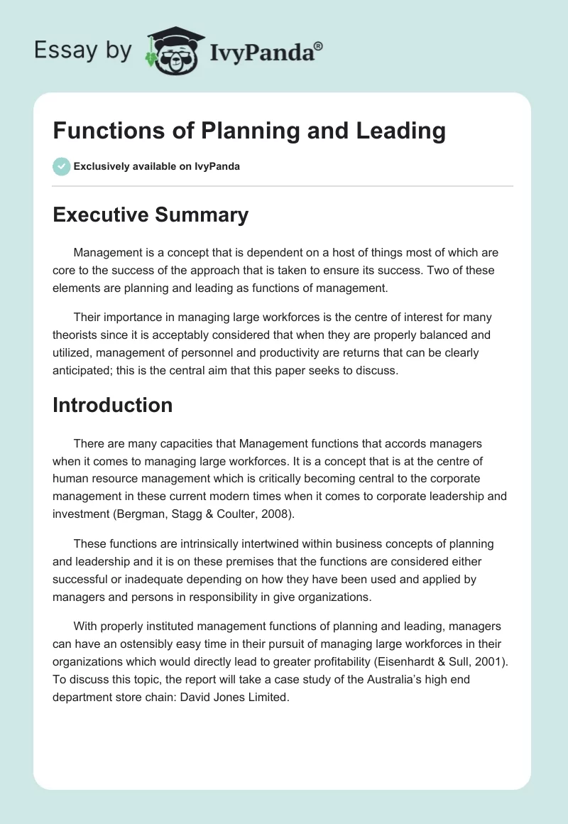 Functions of Planning and Leading. Page 1