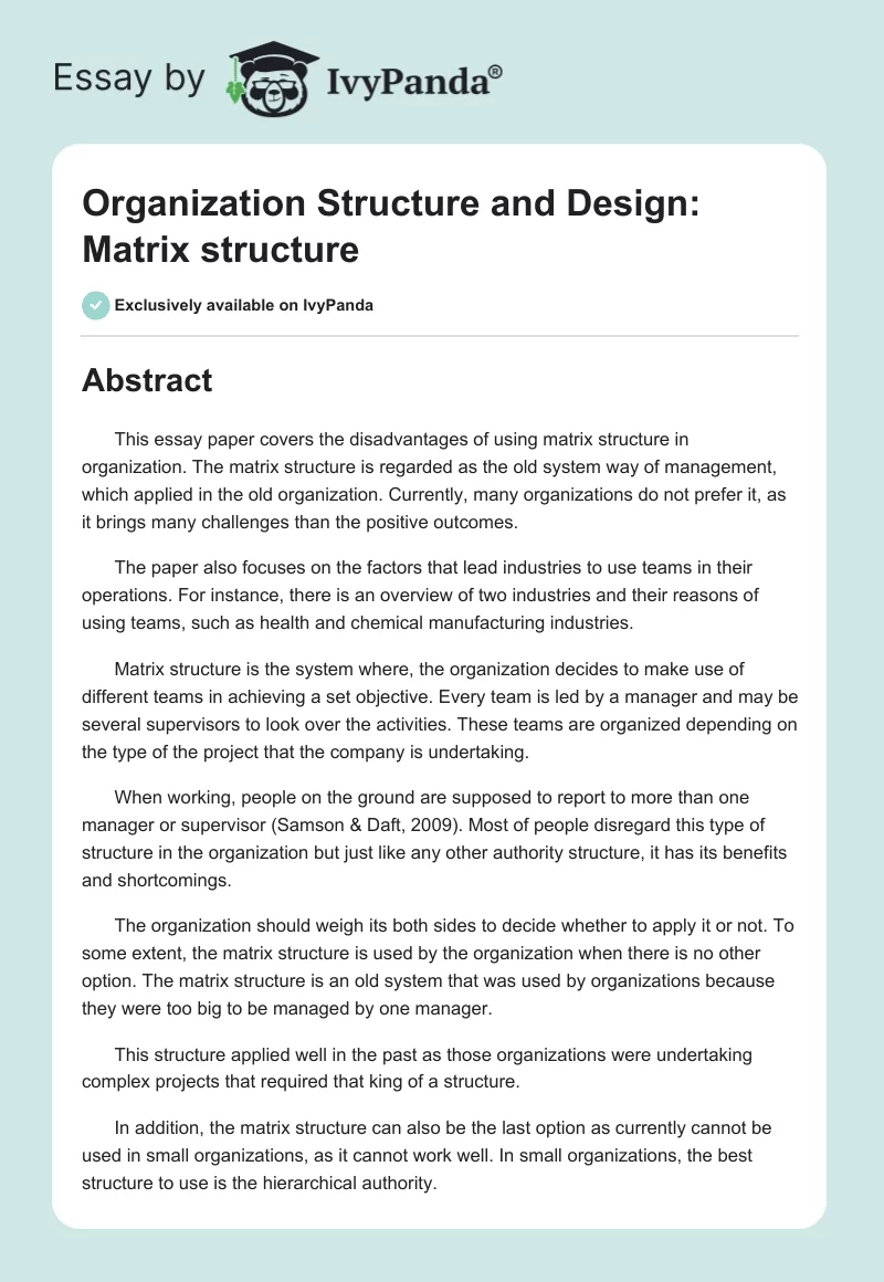 Organization Structure and Design: Matrix Structure. Page 1