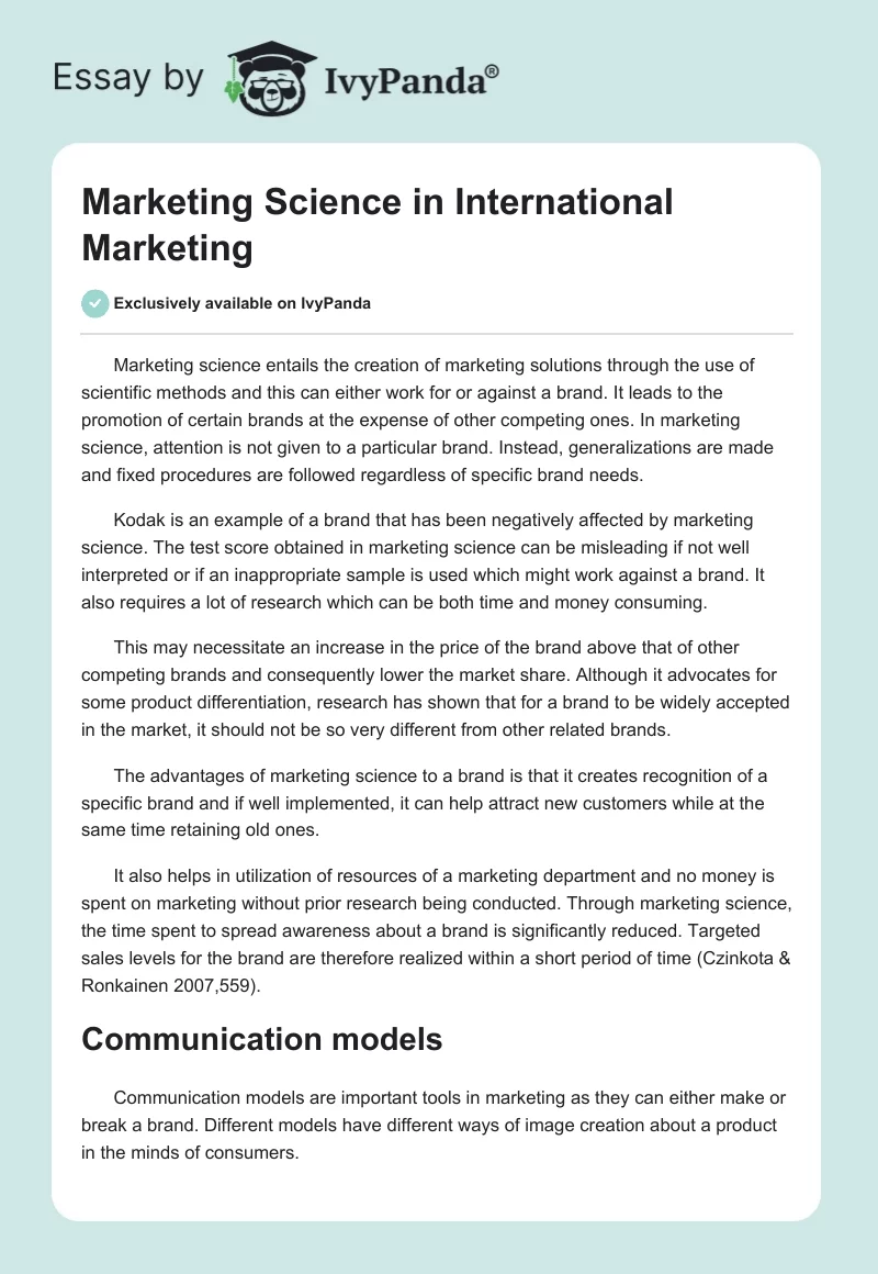 Marketing Science in International Marketing. Page 1
