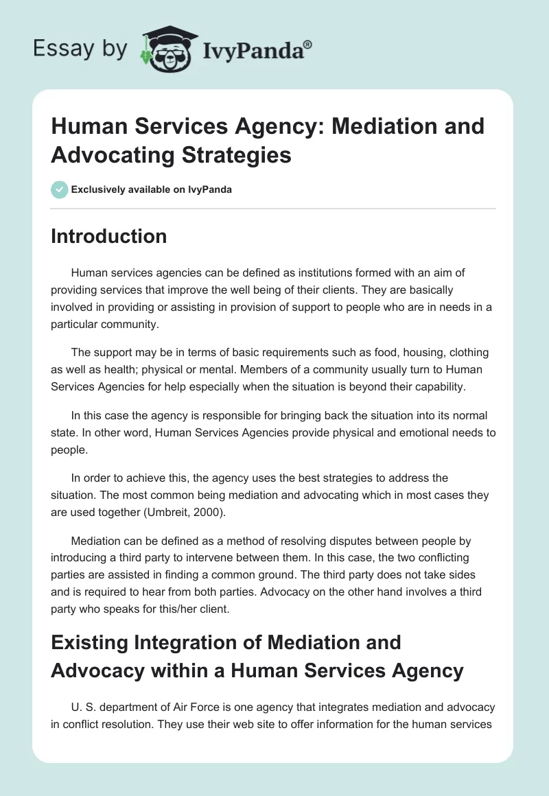 Human Services Agency: Mediation and Advocating Strategies. Page 1