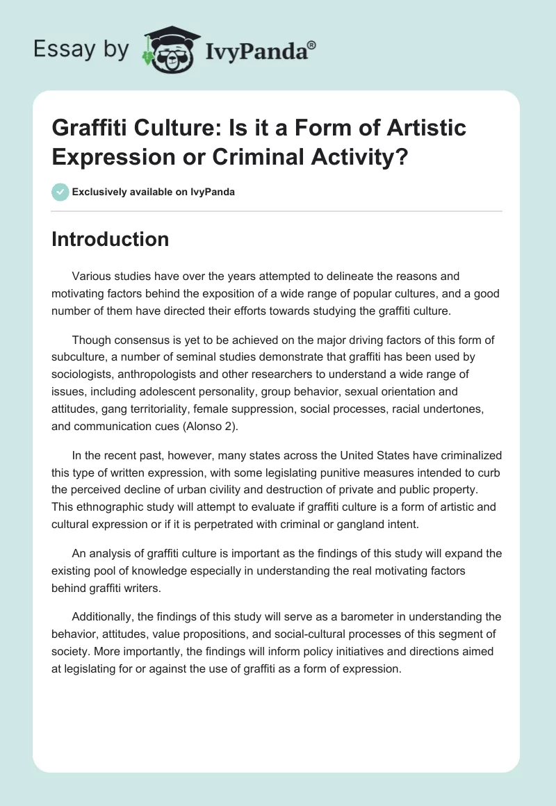 Graffiti Culture: Is It a Form of Artistic Expression or Criminal Activity?. Page 1