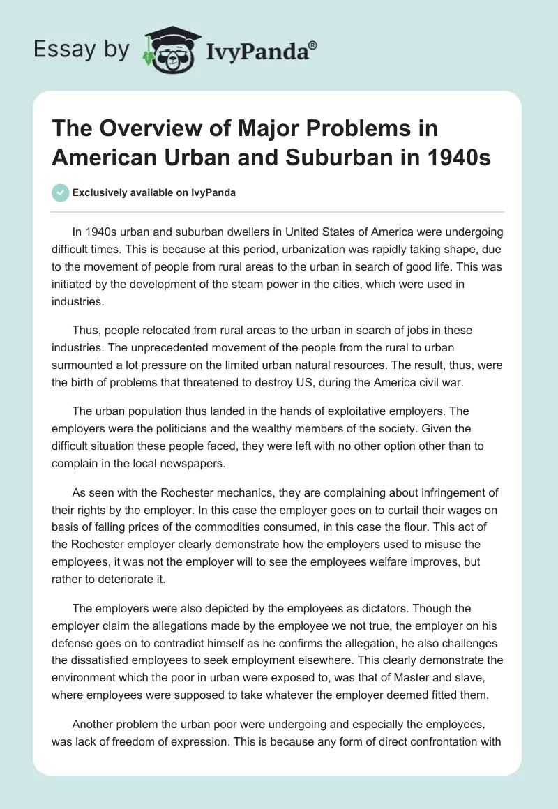 The Overview of Major Problems in American Urban and Suburban in 1940s. Page 1