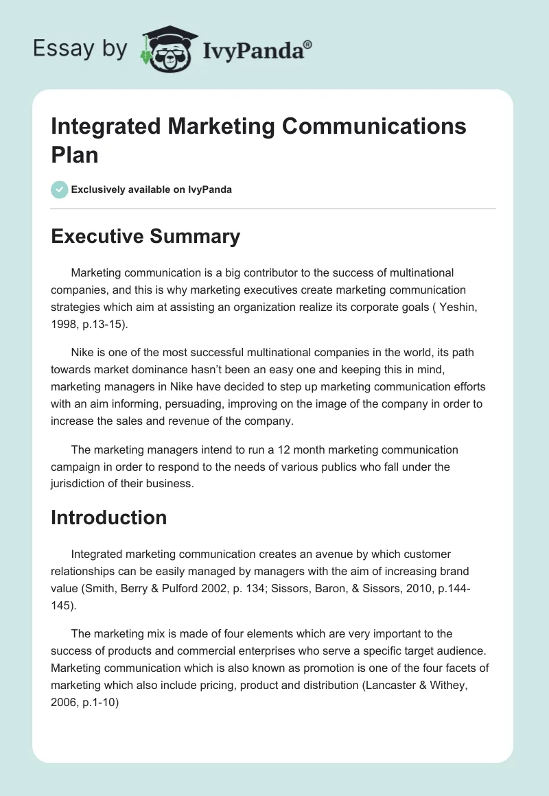 Integrated Marketing Communications Plan. Page 1