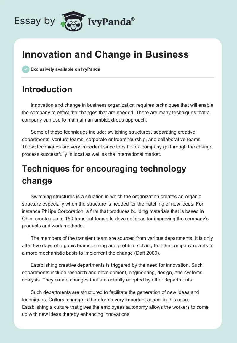Innovation and Change in Business. Page 1