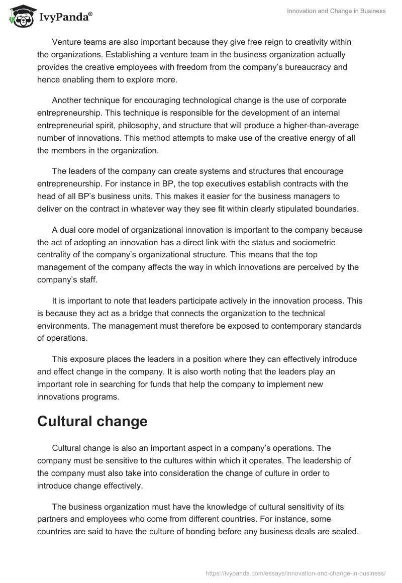 Innovation and Change in Business. Page 2