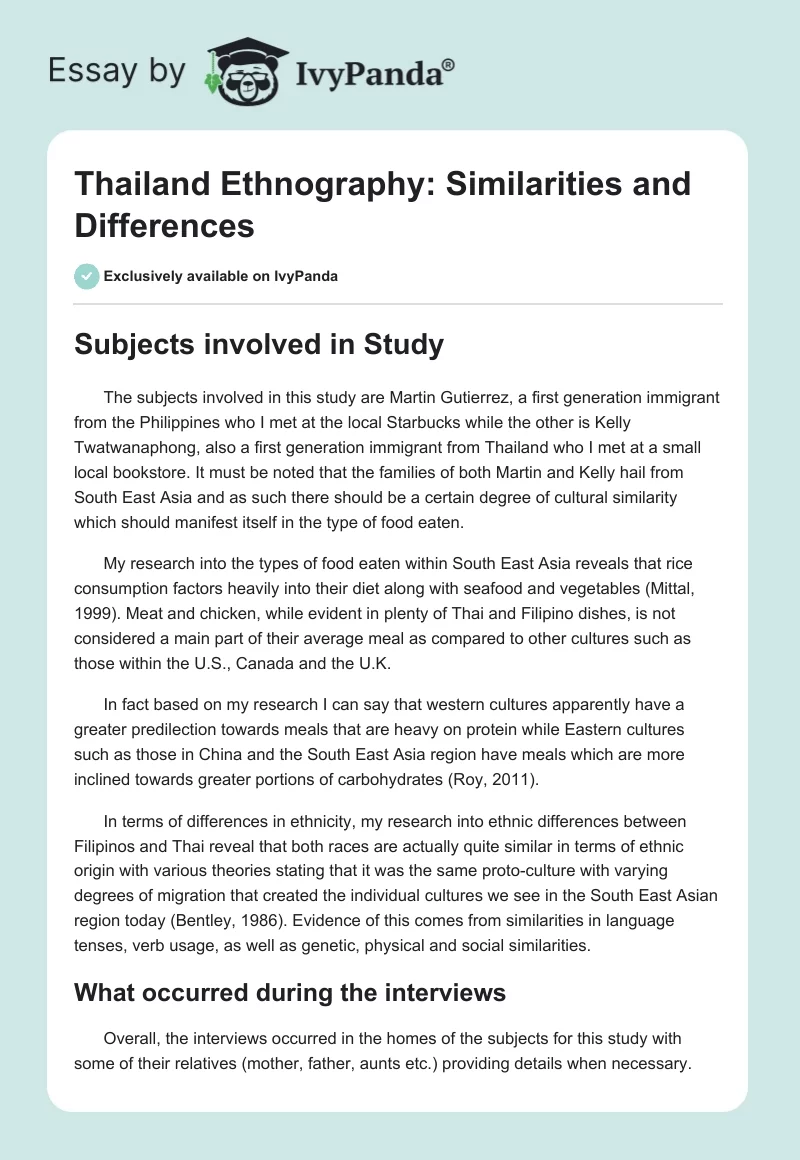 Thailand Ethnography: Similarities and Differences. Page 1