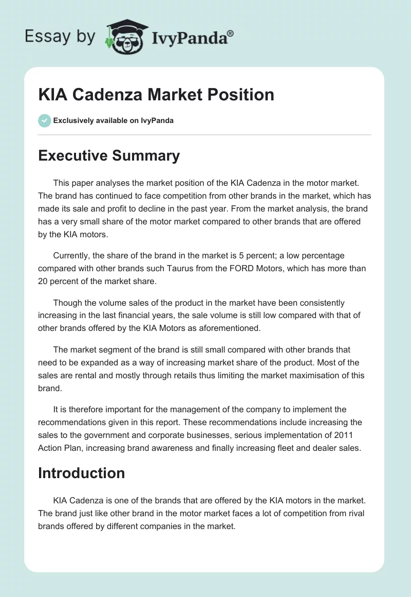 KIA Cadenza Market Position. Page 1