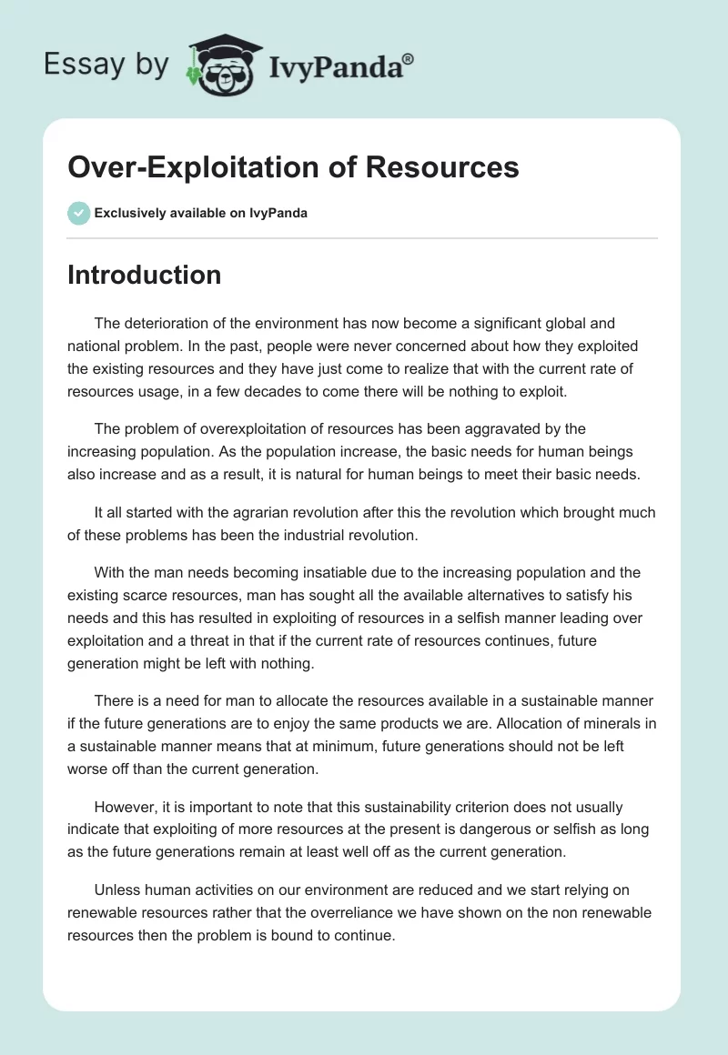 Over-Exploitation of Resources. Page 1