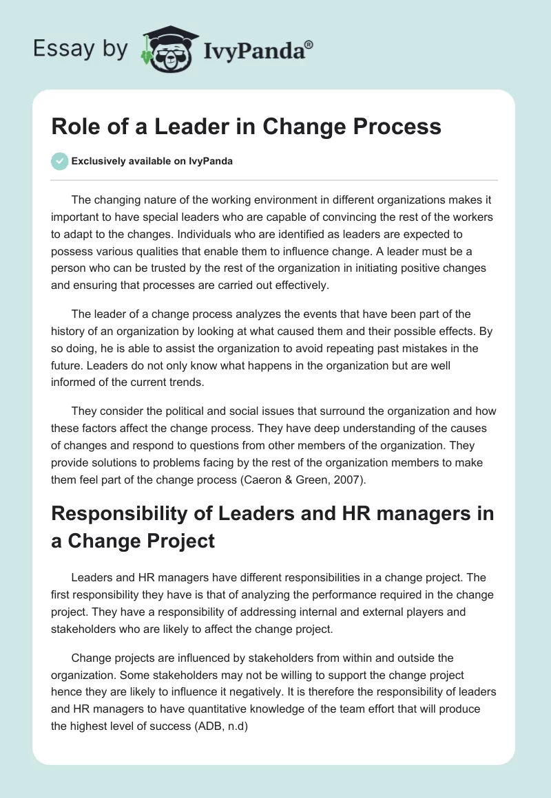 Role of a Leader in Change Process. Page 1