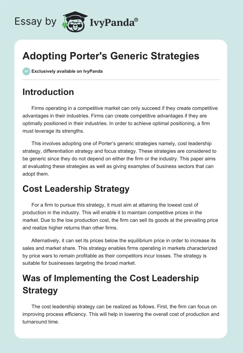Adopting Porter's Generic Strategies. Page 1