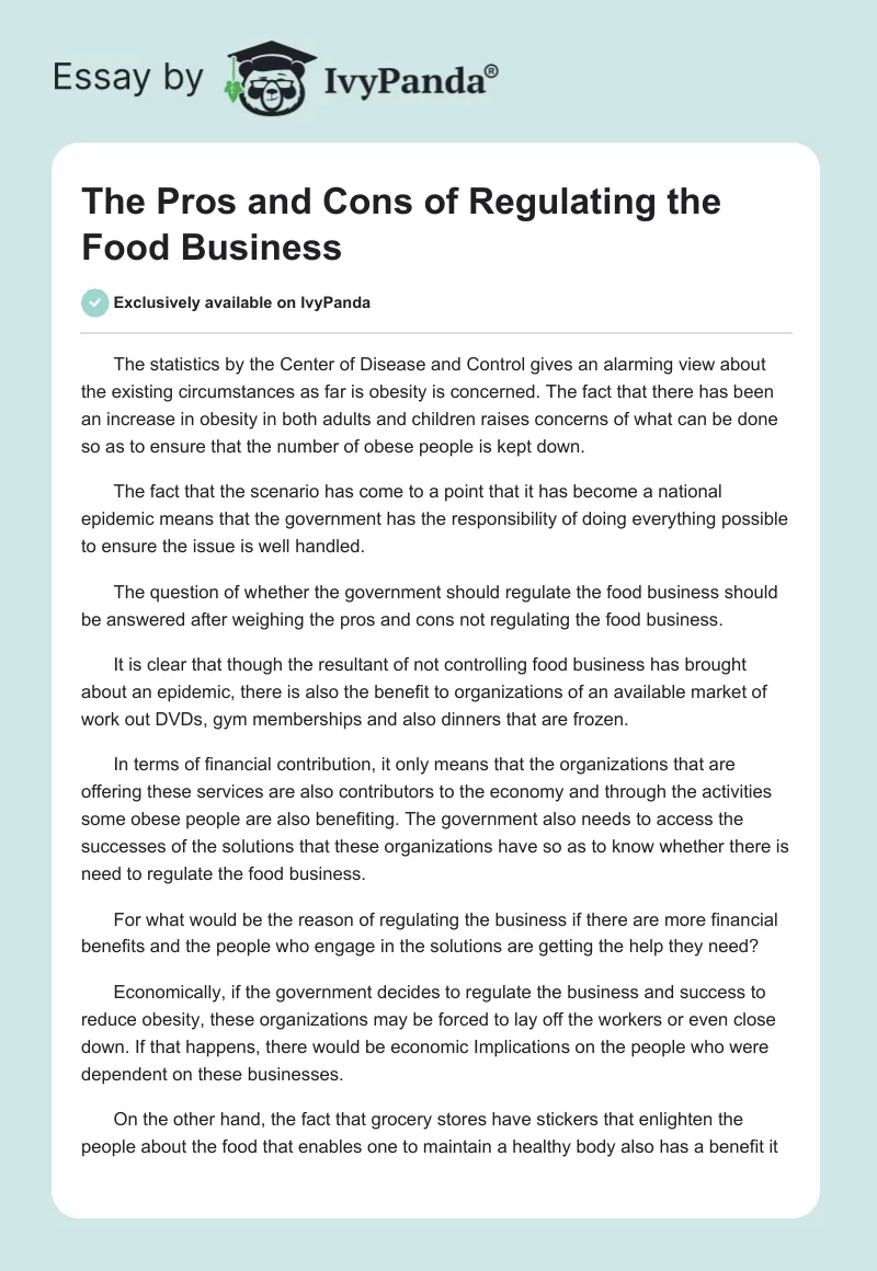 The Pros and Cons of Regulating the Food Business. Page 1