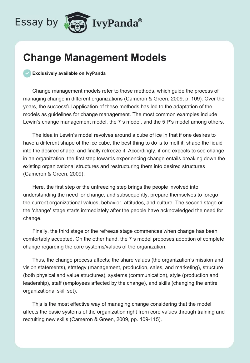 Change Management Models. Page 1