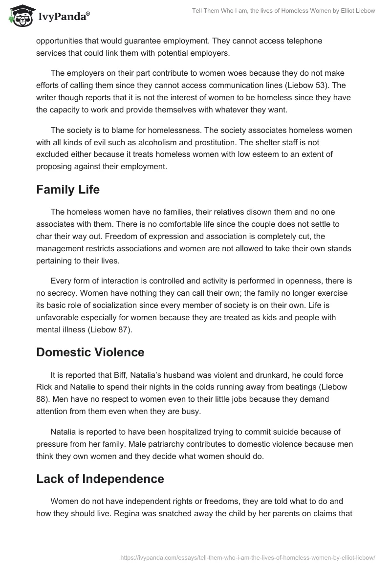 Tell Them Who I am, the lives of Homeless Women by Elliot Liebow. Page 2