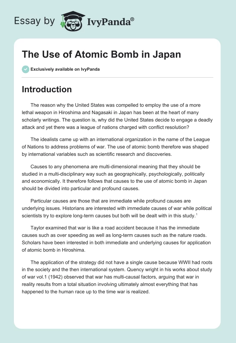 The Use of Atomic Bomb in Japan: Causes and Consequences. Page 1