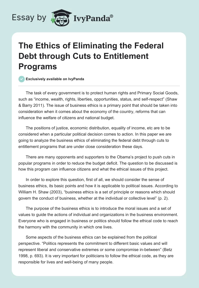The Ethics of Eliminating the Federal Debt through Cuts to Entitlement Programs. Page 1