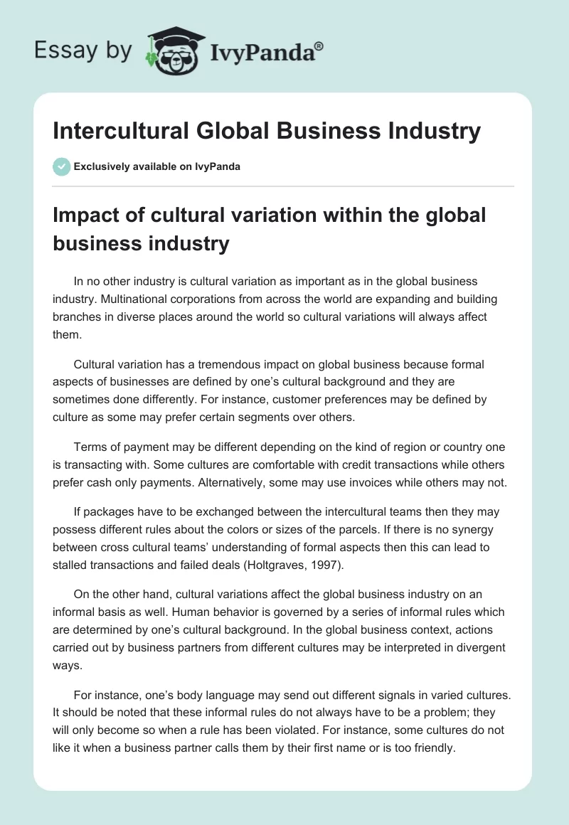 Intercultural Global Business Industry. Page 1