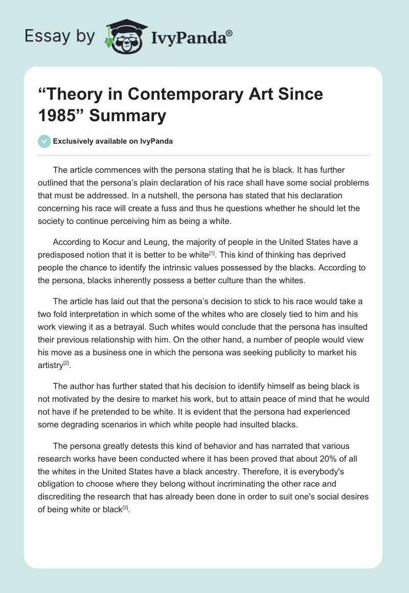 “Theory in Contemporary Art Since 1985” Summary. Page 1