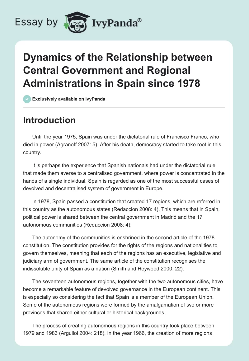 Dynamics of the Relationship between Central Government and Regional Administrations in Spain since 1978. Page 1