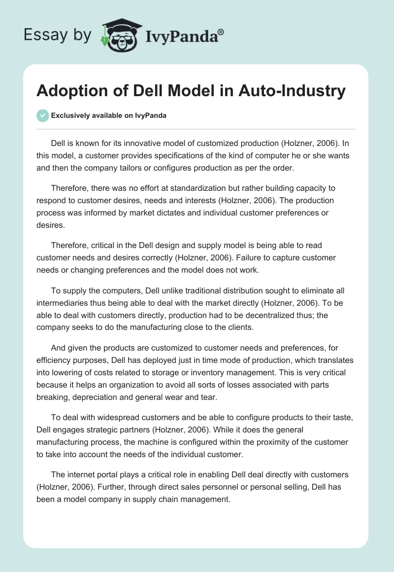 Adoption of Dell Model in Auto-Industry. Page 1