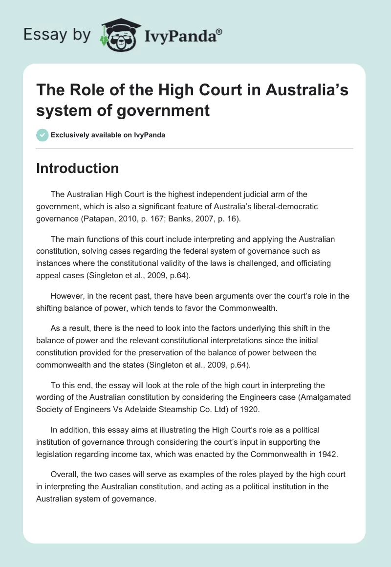 The Role of the High Court in Australia’s System of Government. Page 1