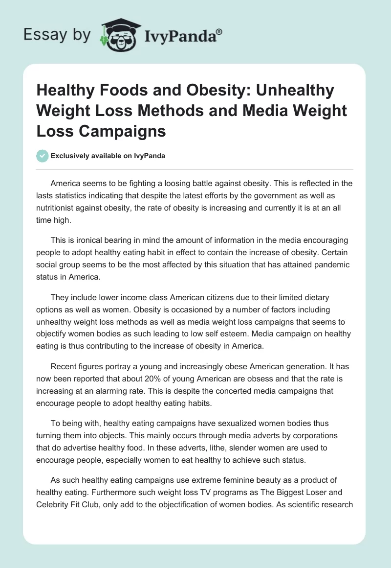 Healthy Foods and Obesity: Unhealthy Weight Loss Methods and Media Weight Loss Campaigns. Page 1