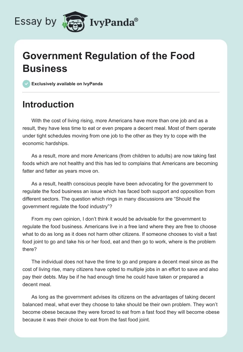 Government Regulation of the Food Business. Page 1